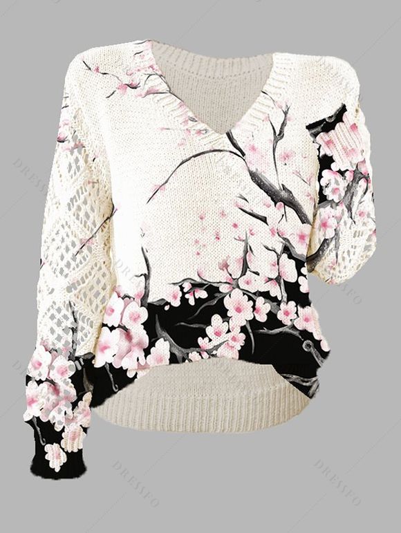 Pull tricoté de vacances, imprimé fleur de pêcher, col en V ajouré - Blanc S | US 4