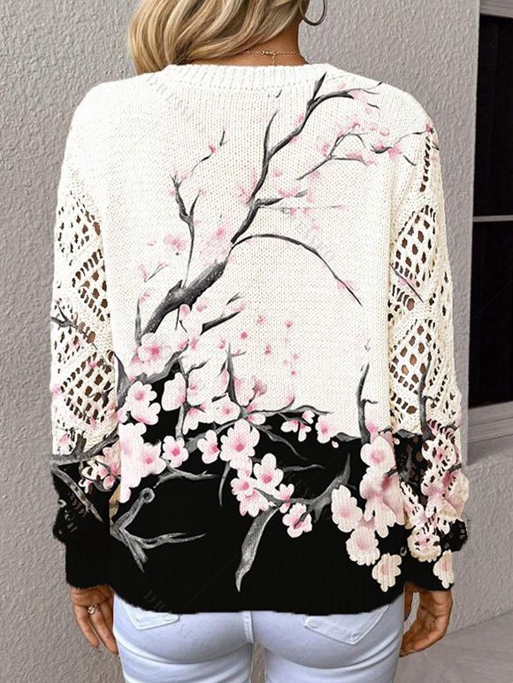 Pull tricoté de vacances, imprimé fleur de pêcher, col en V ajouré - Blanc S | US 4