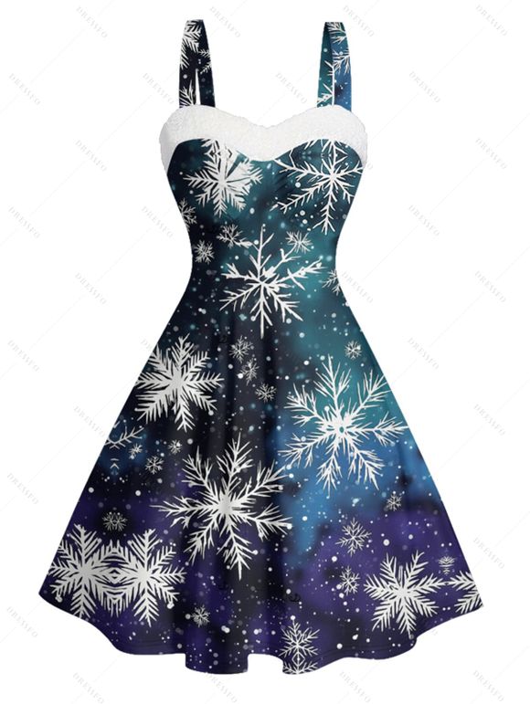 Robe de Noël à imprimé flocon de neige et fausse fourrure ombrée - Bleu profond XXL | US 14