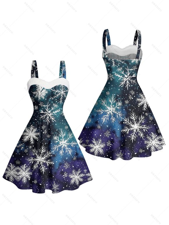 Robe de Noël à imprimé flocon de neige et fausse fourrure ombrée - Bleu profond L | US 8-10
