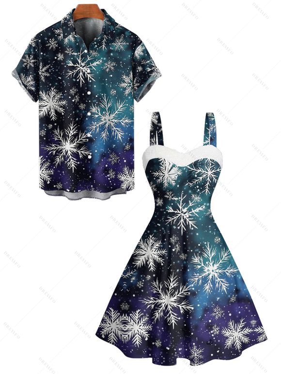 Christmas Couple Outfit Snowflake Print Faux Fur Dress and Shirt Set - Bleu profond S | US 4