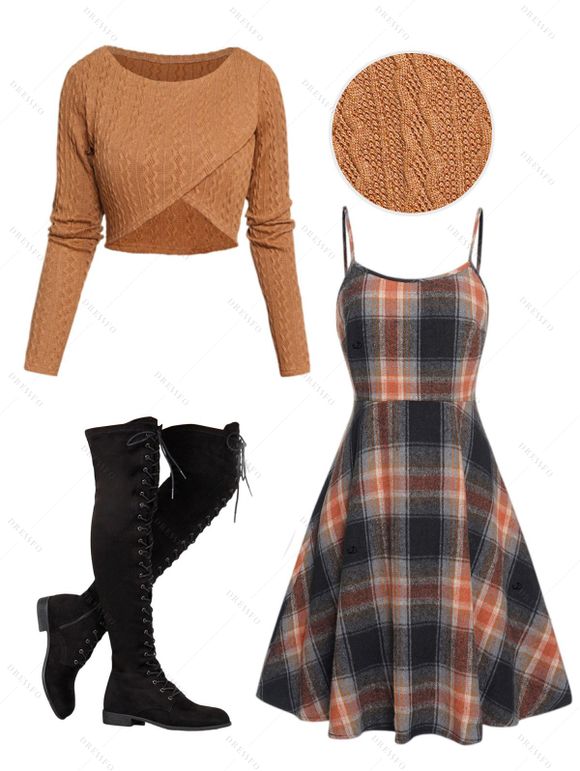 Women Outfit Crossover Cropped Knit Top Plaid Print Dress and Lace Up Boots Set - café S | US 4
