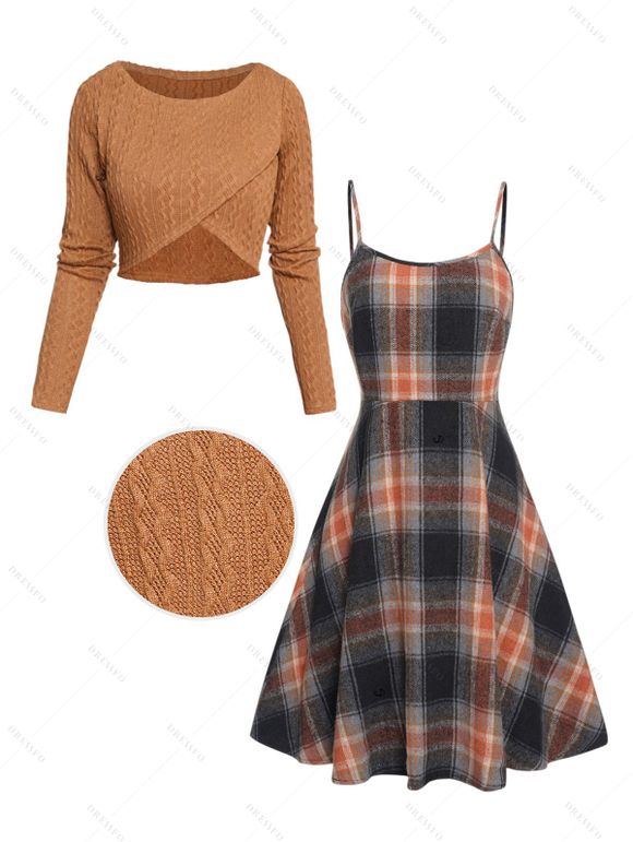 Women Outfit Crossover Cropped Knit Top Plaid Print Dress and Lace Up Boots Set - café S | US 4