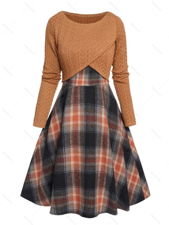 Women Outfit Crossover Cropped Knit Top Plaid Print Dress and Lace Up Boots Set - café S | US 4