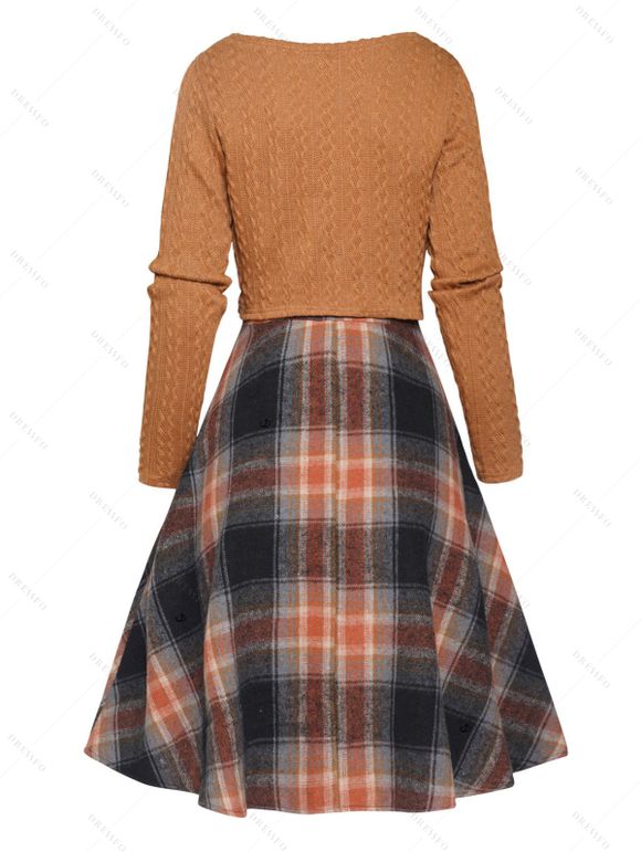 Women Outfit Crossover Cropped Knit Top Plaid Print Dress and Lace Up Boots Set - café S | US 4