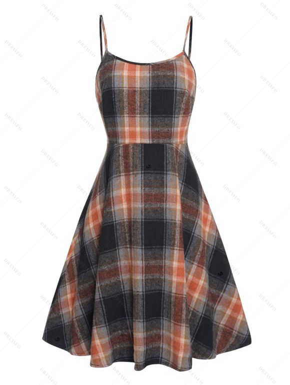 Women Outfit Crossover Cropped Knit Top Plaid Print Dress and Lace Up Boots Set - café S | US 4