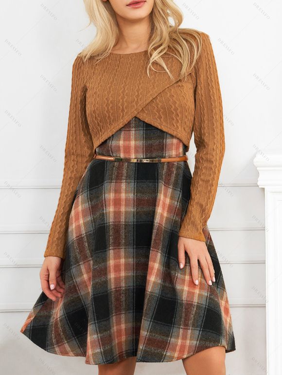 Women Outfit Crossover Cropped Knit Top Plaid Print Dress and Lace Up Boots Set - café S | US 4