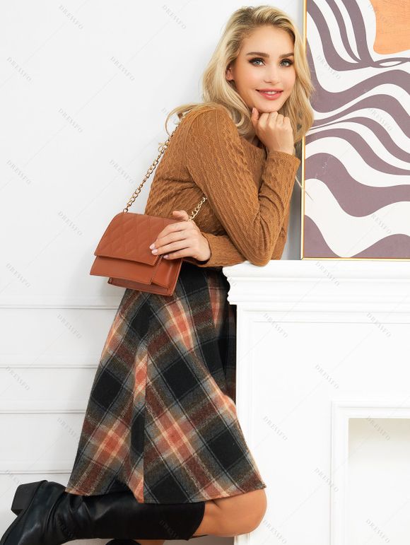 Women Outfit Crossover Cropped Knit Top Plaid Print Dress and Lace Up Boots Set - café S | US 4