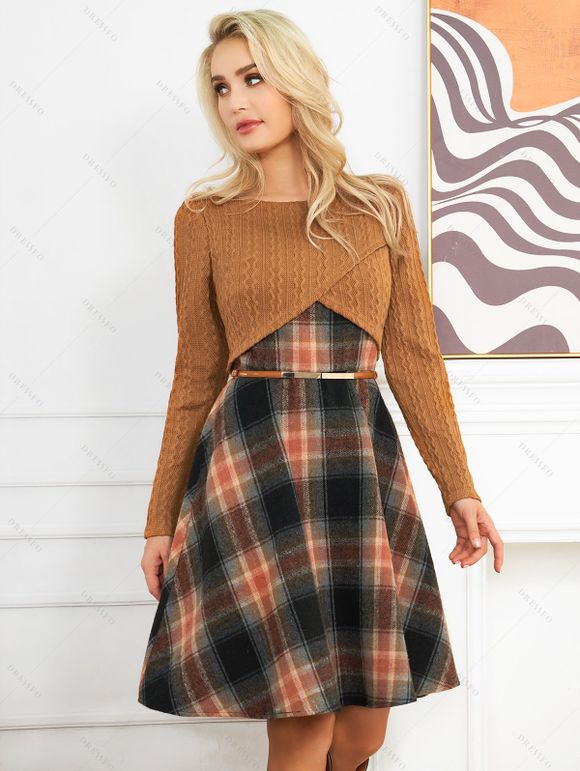 Women Outfit Crossover Cropped Knit Top Plaid Print Dress and Lace Up Boots Set - café S | US 4