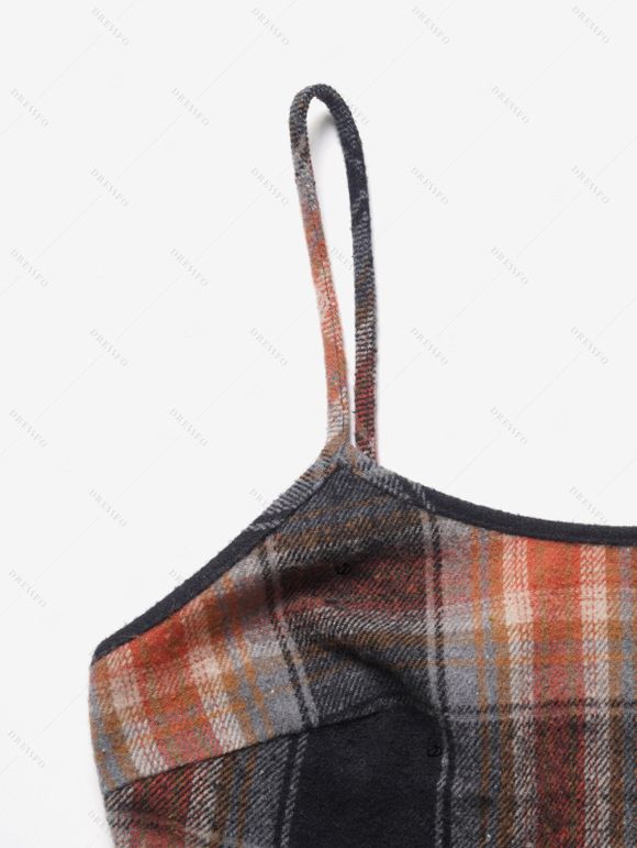 Women Outfit Crossover Cropped Knit Top Plaid Print Dress and Lace Up Boots Set - café S | US 4