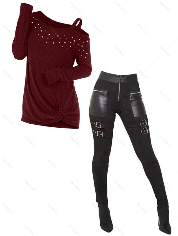 Women Outfit Solid Color Faux Pearl Skew Neck Sweater and Buckle Leggings Set - Rouge Vineux S | US 4