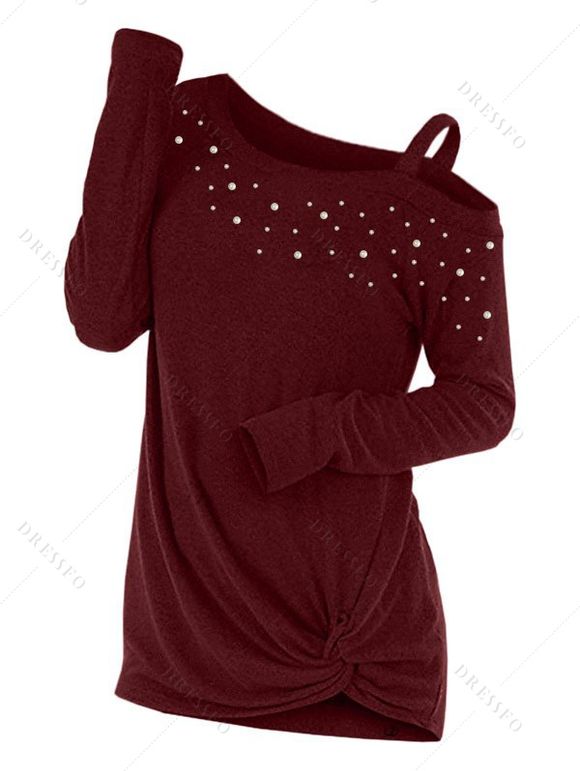 Pull uni à col oblique et manches longues avec fausses perles - Rouge Vineux XXL | US 14