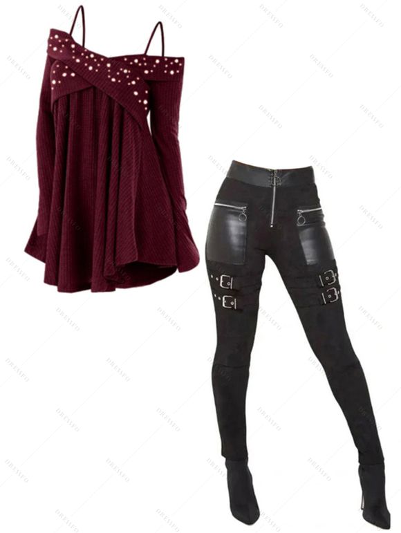 Women Outfit Solid Color Faux Pearl Crossover Sweater and Buckle Leggings Set - Rouge Vineux S | US 4