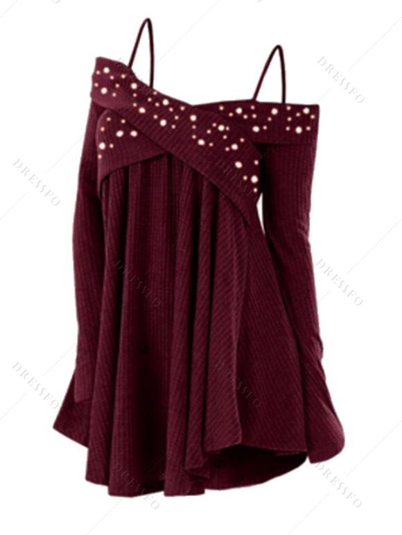 Pull uni à fausses perles et épaules dénudées, haut long croisé - Rouge Vineux M | US 6