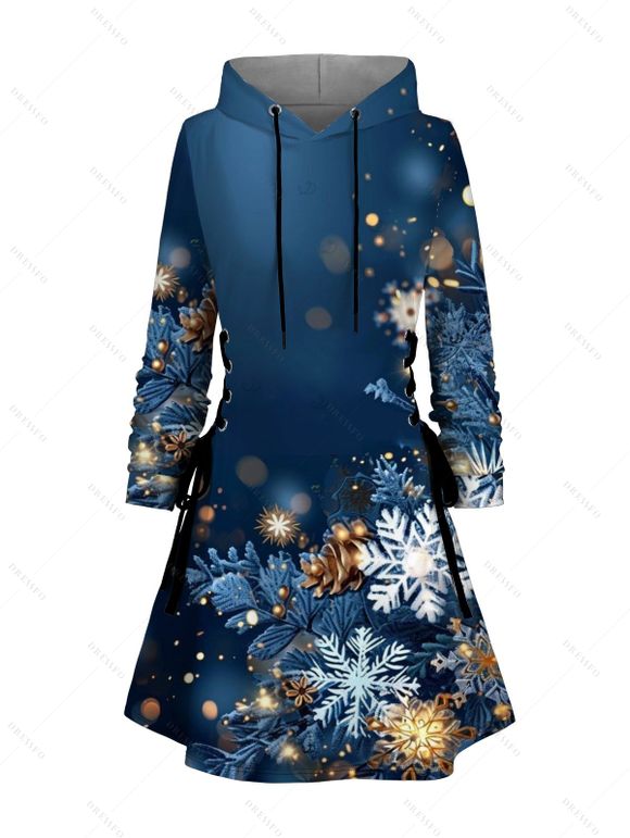 Robe à capuche de vacances, imprimé flocon de neige, sapin de Noël, éléments, robe à lacets - Bleu profond XXXXXL | US 20
