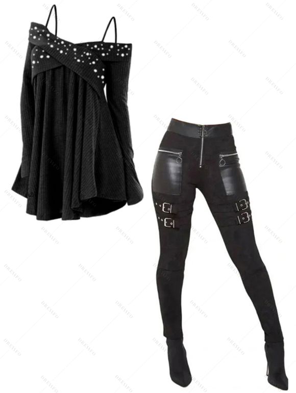 Women Outfit Solid Color Faux Pearl Crossover Sweater and Buckle Leggings Set - Noir S | US 4