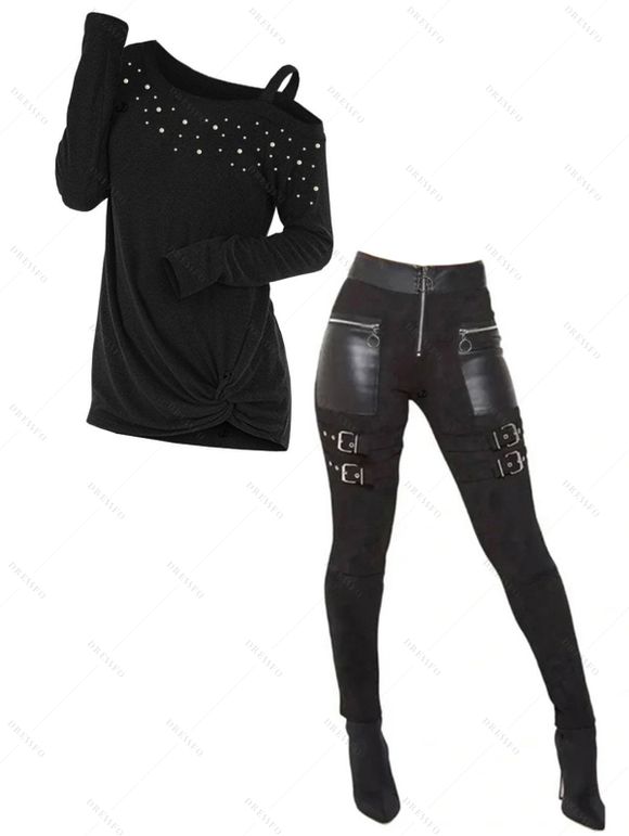 Women Outfit Solid Color Faux Pearl Skew Neck Sweater and Buckle Leggings Set - Noir S | US 4