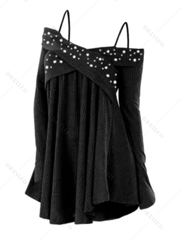 Pull uni à fausses perles et épaules dénudées, haut long croisé - Noir XL | US 12
