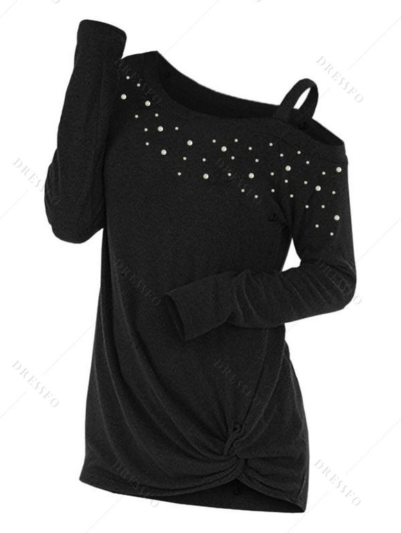Pull uni à col oblique et manches longues avec fausses perles - Noir L | US 8-10