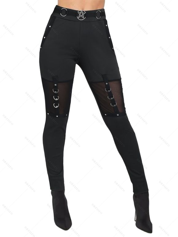Leggings gothiques de couleur unie avec rivets transparents et anneau en O - Noir XXL | US 14