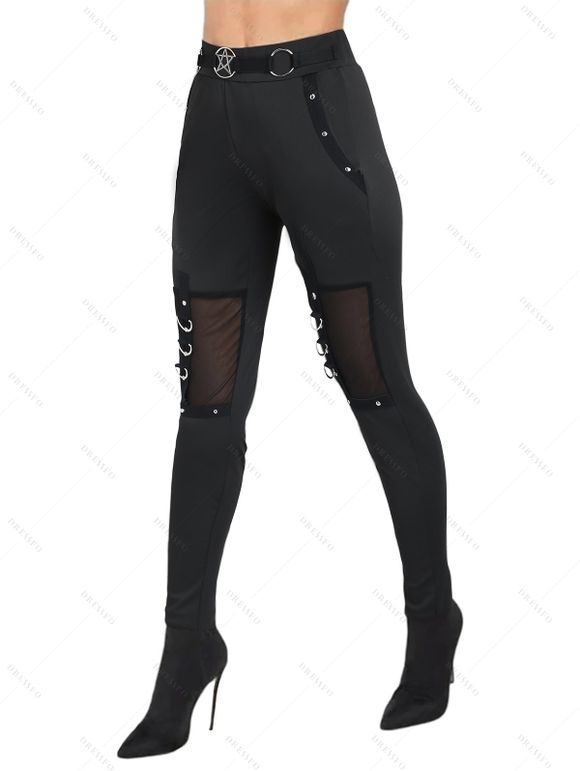 Leggings gothiques de couleur unie avec rivets transparents et anneau en O - Noir XXL | US 14