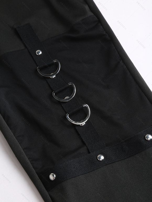 Leggings gothiques de couleur unie avec rivets transparents et anneau en O - Noir XXL | US 14