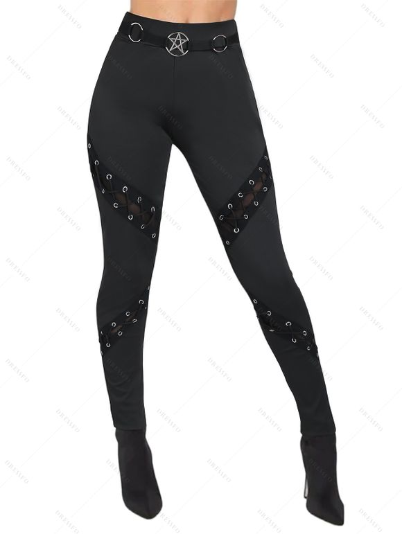 Leggings gothiques de couleur unie avec œillets et lacets, leggings skinny à anneau en O - Noir XXL | US 14