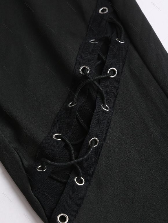 Leggings gothiques de couleur unie avec œillets et lacets, leggings skinny à anneau en O - Noir XXL | US 14