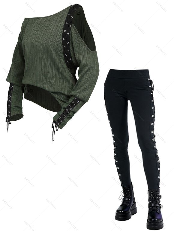 Women Outfit Solid Color Cut Out Skew Neck Top Lace Up Leggings Set - Vert Armée S | US 4