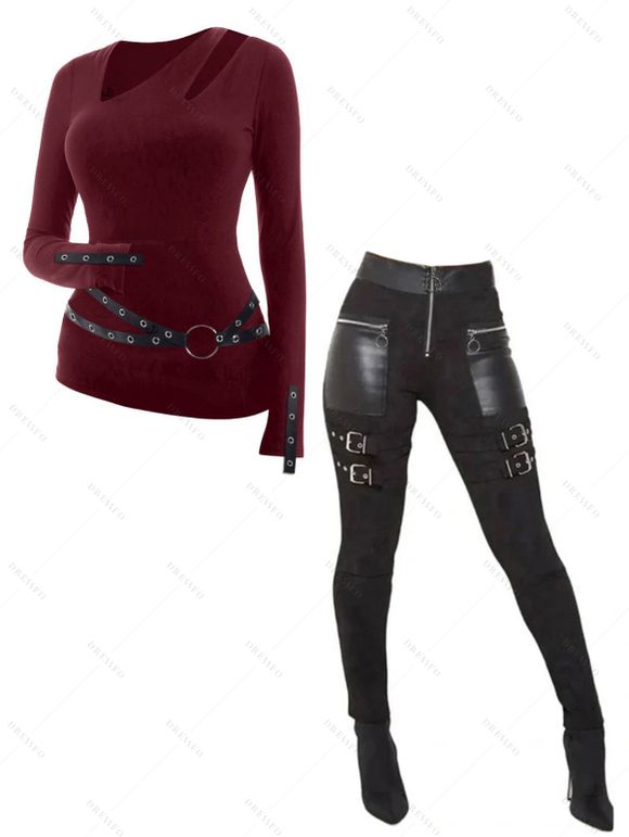 Gothic Women Outfit Grommet O-ring Cut Out Top and Buckle Leggings Set - Rouge Vineux S | US 4