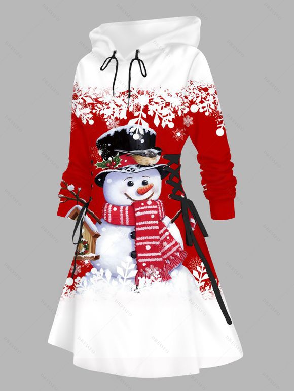 Robe à capuche de Noël, imprimé flocon de neige, bonhomme de neige, colorblock, robe à lacets - Rouge XL | US 12