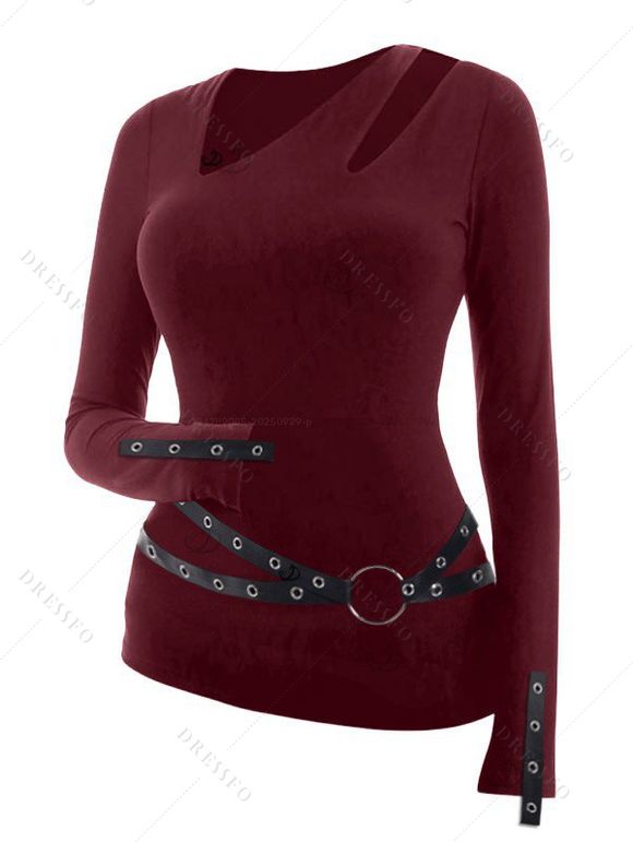 Gothic Women Outfit Grommet O-ring Cut Out Top and Buckle Leggings Set - Rouge Vineux S | US 4
