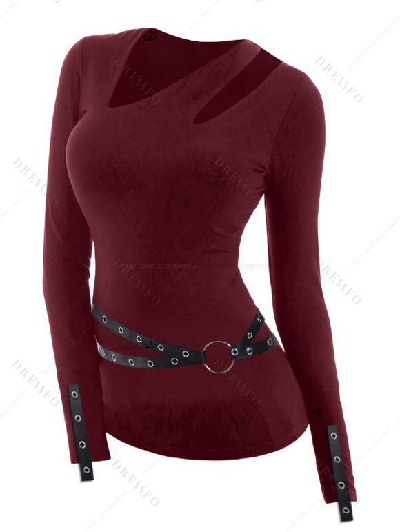 Gothic Women Outfit Grommet O-ring Cut Out Top and Buckle Leggings Set - Rouge Vineux S | US 4