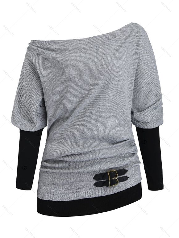 Haut à col oblique colorblock Haut à manches longues à boucle texturée - Gris Clair S | US 4