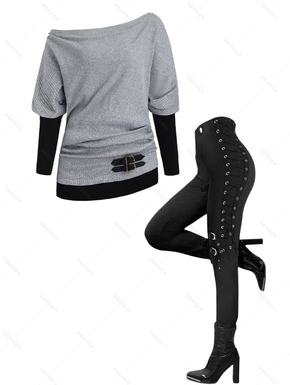 Women Outfit Colorblock Skew Neck Textured Buckle Top and Lace Up Leggings Set - Gris Clair S | US 4