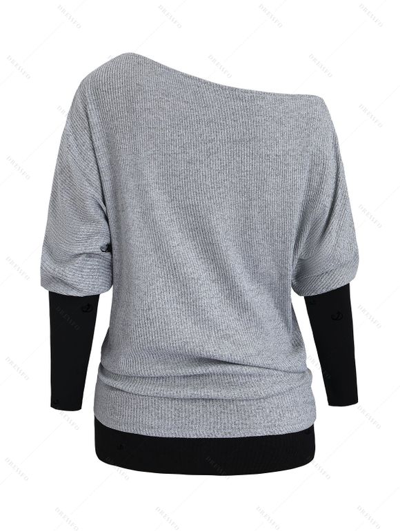 Women Outfit Colorblock Skew Neck Textured Buckle Top and Lace Up Leggings Set - Gris Clair S | US 4