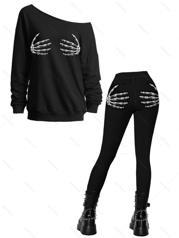 Gothic Women Outfit Skeleton Hand Print Skew Neck Sweatshirt and Leggings Set - Noir S | US 4