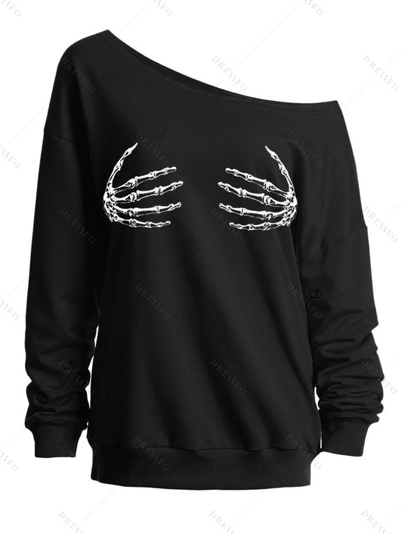 Gothic Women Outfit Skeleton Hand Print Skew Neck Sweatshirt and Leggings Set - Noir S | US 4