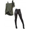 Women Outfit Solid Color Textured Skew Neck Top and Zipper Buckle Leggings Set - Vert Armée S | US 4