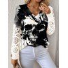 Pull gothique tricoté à imprimé tête de mort et col en V ajouré - Blanc S | US 4