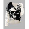 Pull gothique tricoté à imprimé tête de mort et col en V ajouré - Blanc S | US 4