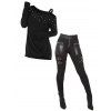 Women Outfit Solid Color Faux Pearl Skew Neck Sweater and Buckle Leggings Set - Noir S | US 4