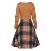 Women Outfit Crossover Cropped Knit Top Plaid Print Dress and Lace Up Boots Set - café S | US 4
