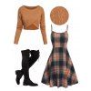 Women Outfit Crossover Cropped Knit Top Plaid Print Dress and Lace Up Boots Set - café S | US 4