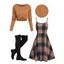 Women Outfit Crossover Cropped Knit Top Plaid Print Dress and Lace Up Boots Set - café S | US 4