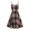 Women Outfit Crossover Cropped Knit Top Plaid Print Dress and Lace Up Boots Set - café S | US 4