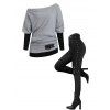 Women Outfit Colorblock Skew Neck Textured Buckle Top and Lace Up Leggings Set - Gris Clair S | US 4