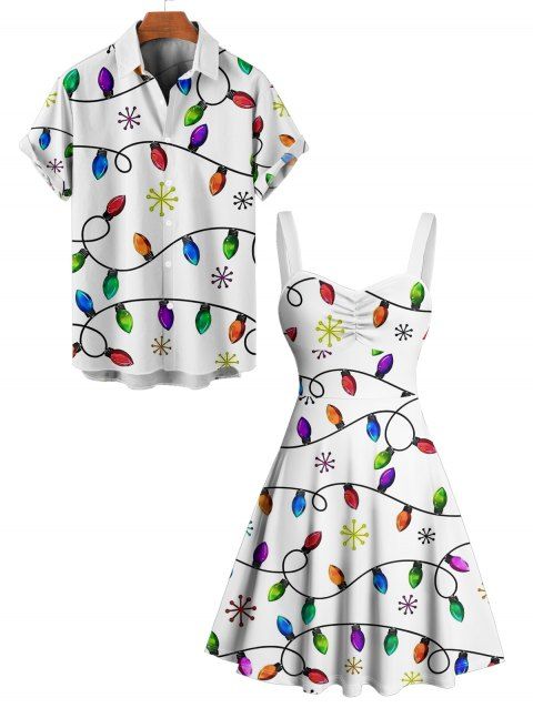 Christmas Couple Outfit Snowflake Lightning Chains Print Dress and Shirt Set