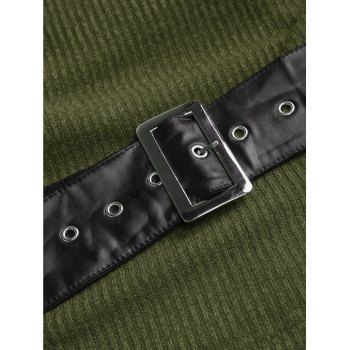 Colorblock Hoodie Top Textured Knitted Grommet Belt Hooded Top