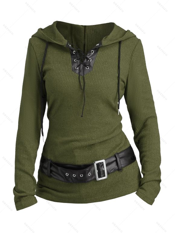 Women Outfit Colorblock Knitted Belt Hoodie Top and Grommet Leggings Set - Vert Armée S | US 4